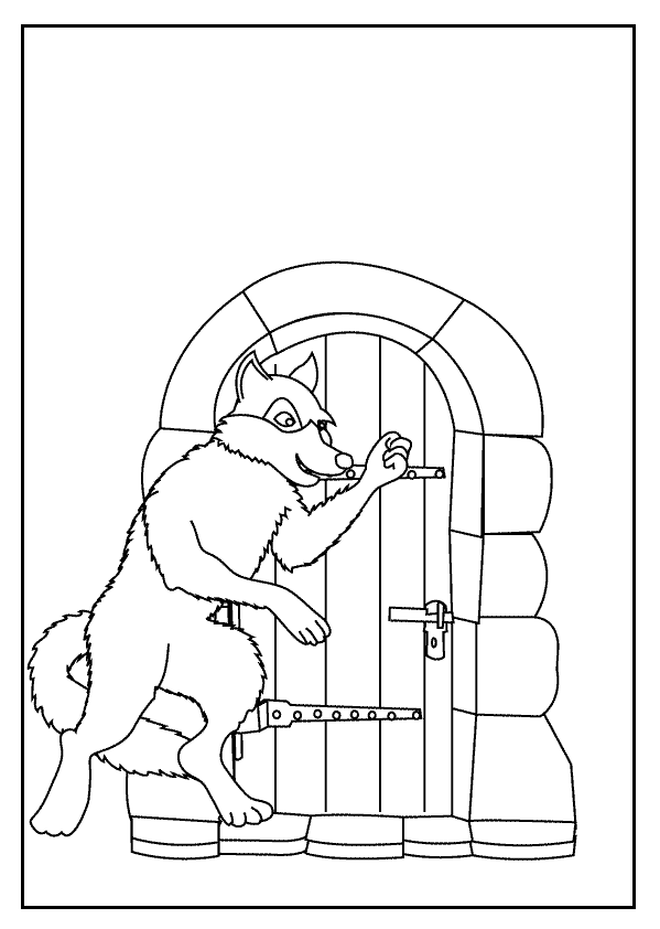 Coloring page wolf is knocking on the door